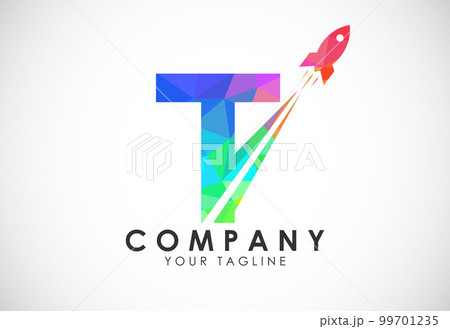 Polygonal alphabet T with a Rocket logo design. Rocket icon. Low poly graphic alphabet symbol 99701235