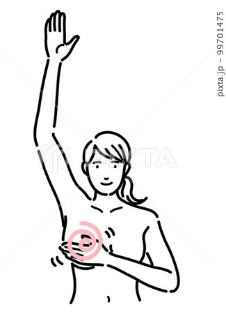 腕を上げて胸を触ってセルフチェックしている女性 腕を上げて胸を触ってセルフチェックしている女性 99701475