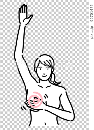腕を上げて胸を触ってセルフチェックしている女性 腕を上げて胸を触ってセルフチェックしている女性 99701475