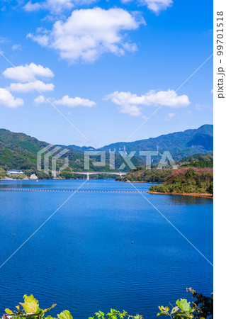 竜門ダム「ダム堤防道路・休憩所から観えるパノラマ風景」背景は朝空と紅葉風景 99701518