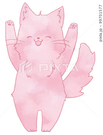 両手をあげる笑顔の長毛のねこ（赤色） 99701577