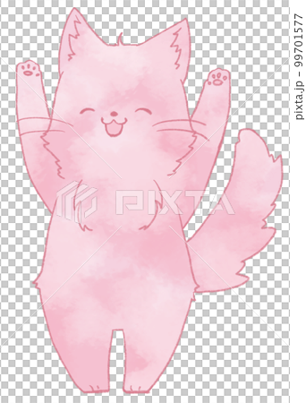 両手をあげる笑顔の長毛のねこ（赤色） 99701577