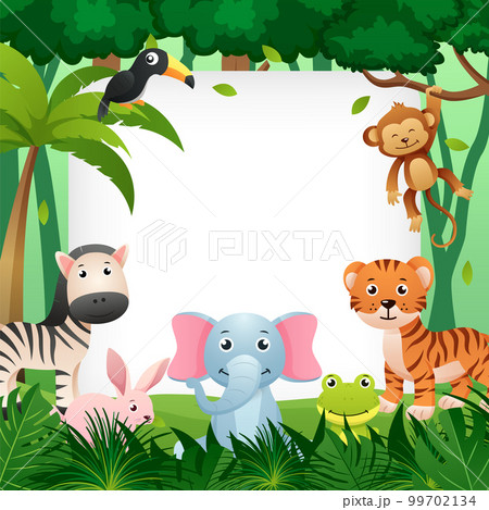 Wildlife animal in jungle with square copy space . Kids style . Vector . 99702134