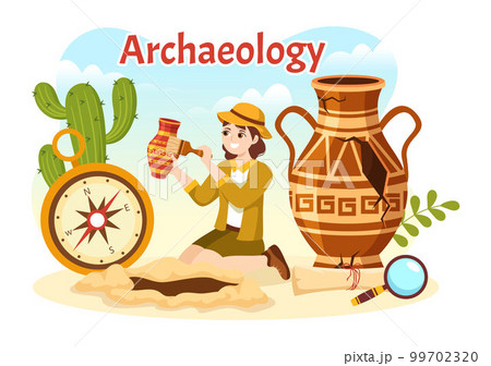 Archeology Illustration with Archaeological Excavation of ancient Ruins, Artifacts and Dinosaurs Fossil in Flat Cartoon Hand Drawn Templates 99702320