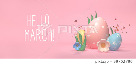 Hello March message with Easter eggs and spring holiday pastel colors 99702790
