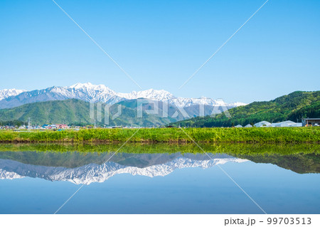 大町市から望む残雪の北アルプス(5月) 大町市から望む残雪の北アルプス(5月) 99703513