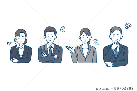 困る、不安な表情をするスーツ姿の男女のイラスト　ビジネスパーソン 99703898