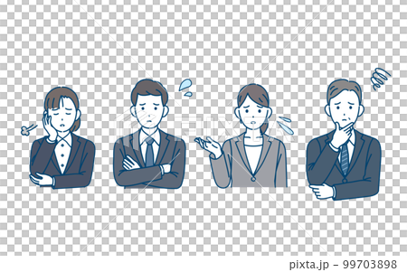 困る、不安な表情をするスーツ姿の男女のイラスト　ビジネスパーソン 99703898
