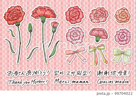 水彩風カーネーションのイラストと母の日に使える手書き文字セット 主線あり・白フチ ベクター 水彩風カーネーションのイラストと母の日に使える手書き文字セット 主線あり・白フチ ベクター 99704022