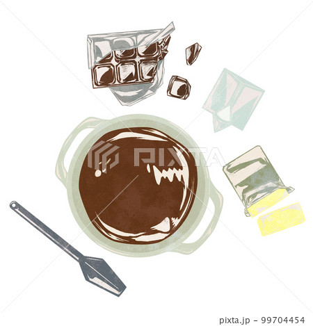 湯煎するチョコレートの手描き水彩風イラスト 99704454