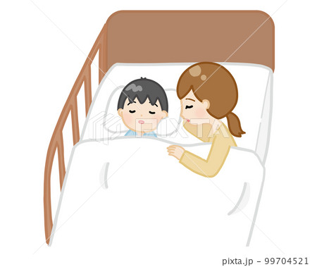 入院中の子どもと同じベッドで添い寝するママ 99704521