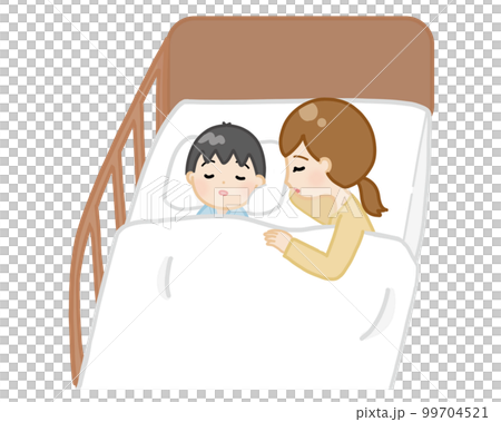 入院中の子どもと同じベッドで添い寝するママ 99704521