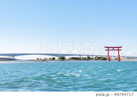 静岡県浜松市　快晴の浜名湖の風景とシンボルの赤鳥居 99704717