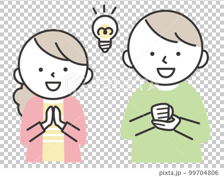 ひらめいた表情の若い男女のカップル・夫婦 99704806