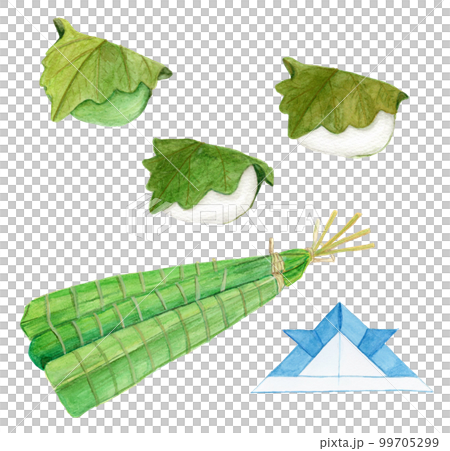 Hand drawn watercolor illustration of delicious kashiwamochi and chimaki and origami kabuto 99705299