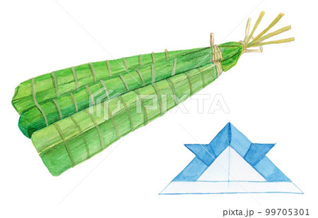手描き水彩の美味しそうなちまきと折り紙カブトのイラスト 99705301