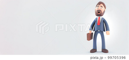 Young business man in suit standing with briefcase on a white background. Leader success, management concept. 3d illustration people character. Cartoon minimal style. Young business man in suit standing with briefcase on a white background. Leader success, management concept. 3d illustration people character. Cartoon minimal style. 99705396