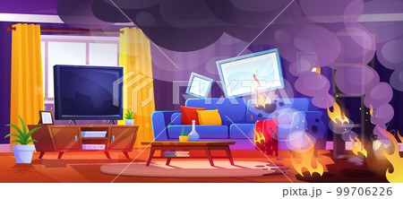 Fire in living room with tv cartoon background 99706226