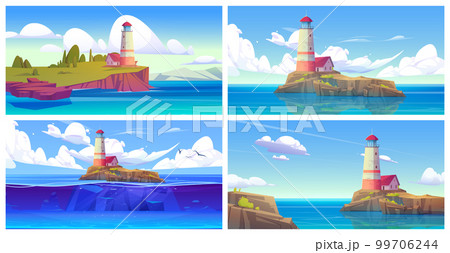 Cartoon set of seascape with lighthouse on island 99706244
