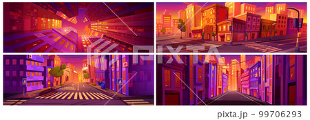 Cartoon city sunset vibrant game background set Cartoon city sunset vibrant game background set 99706293