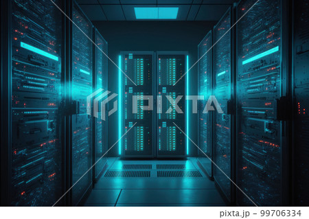 Dark server data center room with computers and storage systems in blue shades. AI Generative 99706334