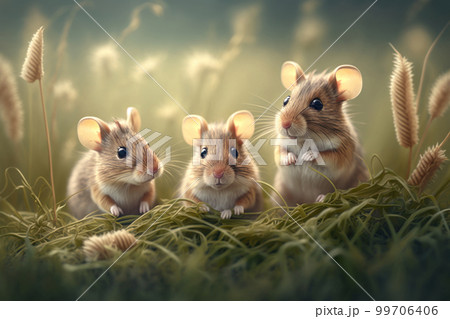 Cute field mice on grass background. AI Generative 99706406