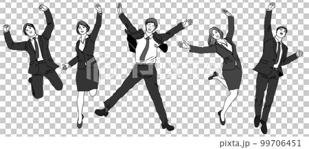 Illustration set of five jumping office workers and OL men and women, full body front Illustration set of five jumping office workers and OL men and women, full body front 99706451