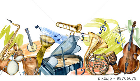 Board of jazz musical instruments and brush strokes watercolor illustration isolated on white. 99706679