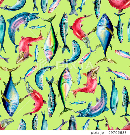 Different sea fishes seamless pattern watercolor illustration isolated on green. 99706683