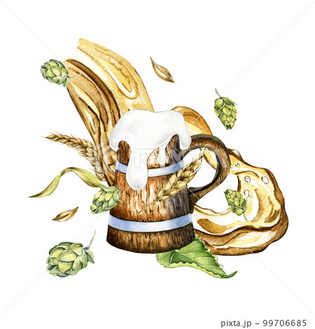 Composition with wooden mug, hop cones, wheat ears and beer splash watercolor illustration isolated on white. 99706685