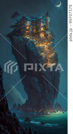 断崖絶壁の岩の頂上に立つ街 壮大なファンタジー風景のコンセプトアート「AI生成画像」 断崖絶壁の岩の頂上に立つ街 壮大なファンタジー風景のコンセプトアート「AI生成画像」 99707378