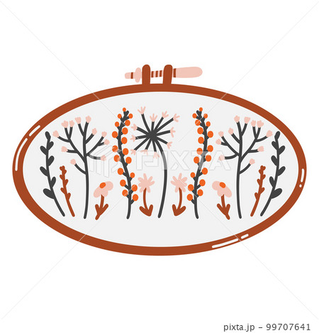 Embroidery hoop in flat cartoon style. Hand drawn vector illustration of hobby, needlework, satin and cross stitch, plant motifs 99707641