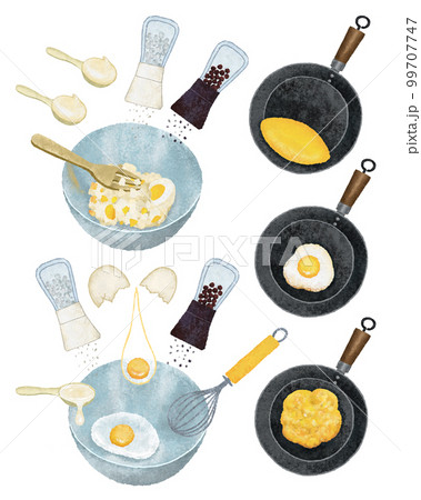卵を焼いたり混ぜたりする調理の様子 99707747