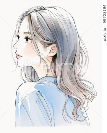 若い女性の横顔の水彩画イラスト「AI生成画像」のイラスト素材
