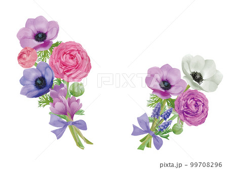水彩で描いたアネモネやラナンキュラスの花束 99708296