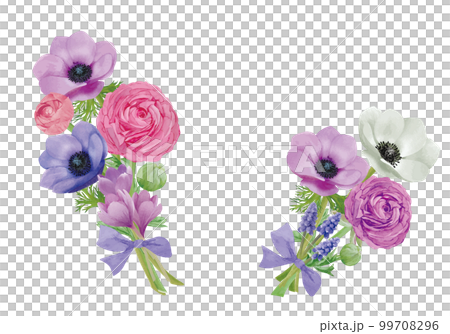 水彩で描いたアネモネやラナンキュラスの花束 99708296