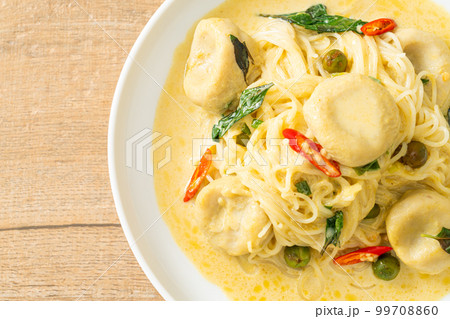 Rice Noodles with Green curry and Fish ball Rice Noodles with Green curry and Fish ball 99708860