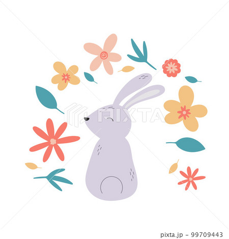 Cute rabbit with flowers and herbsのイラスト素材 [99709443] - PIXTA