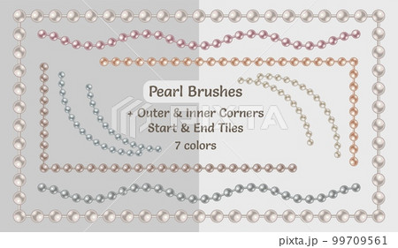 Set of pattern brushes with string of pearl beads. Chain brushes with corners, end and start tiles. Pastel colors. Isolated on light backgrounds. 99709561
