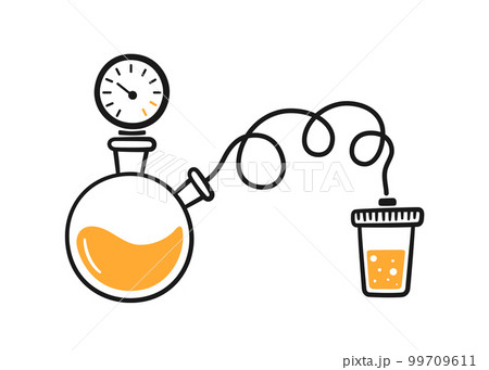 Science laboratory experiment. Lab chemistry test. Hand drawn chemical processes. Doodle vector illustration with lab glass flask, pipleline on white background 99709611