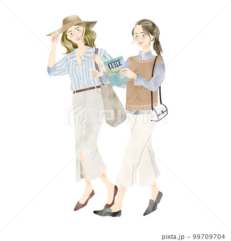 ガイドブックを見ながら観光する女性ふたり 99709704