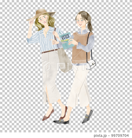 兩個女人邊看旅遊指南邊觀光 99709704