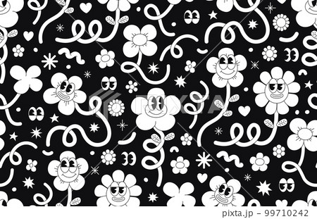 Retro cartoon flower character seamless pattern. Groovy funky comic daisy flower with eyes and abstract cloud shapes in trendy retro cartoon style. Vector background with wavy spiral and loop element. 99710242