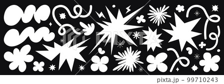 Abstract cloud and flower shapes sticker pack. Groovy funky flower, bubble, star, loop, waves in trendy retro 90s 00s cartoon style. Vector illustration with wavy and spiral elements. Abstract cloud and flower shapes sticker pack. Groovy funky flower, bubble, star, loop, waves in trendy retro 90s 00s cartoon style. Vector illustration with wavy and spiral elements. 99710243