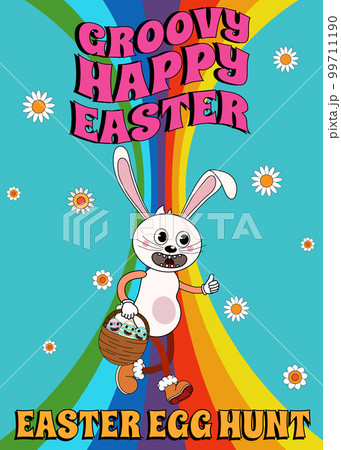 Vintage Happy Easter poster Trendy Easter Groovy 1970 style with flowers, egg, rainbow 99711190
