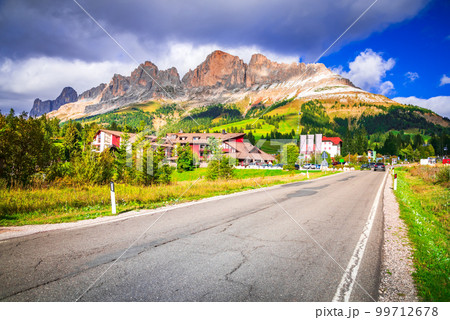 Carezza, Italy. Bolzano region scenery with Cima Roda di Vael, Dolomites mountains. 99712678