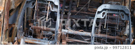 Passenger car closeup got into accident on road and burned after accident 99712811