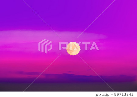 Fool Moon In Pink Magenta Cloudscape Sky Background. Magic Night View. Wizzard Conception. Violet Purple Scenery Background Moonrise Above Foggy Land 99713243