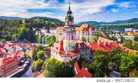 Cesky Krumlov, Czech Republic - Drone view of old town in Bohemia 99713627