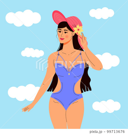 Beautiful woman in a swimsuit and hat. Summer vacation, healthy lifestyle, beach relax.  99713676